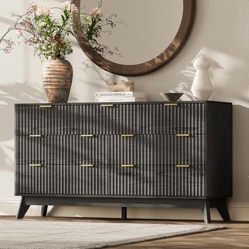 54" Wide Fluted 7 Drawers Dresser for Bedroom,Curved Edge,Black by TROJMHome
