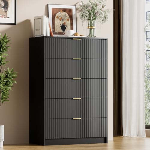 Furniway Black Dresser for Bedroom, Modern Dresser with 5 Drawers and Smooth Slides, Wide Chest of Drawers with Golden Handles for Bedroom, Living Room, Closet, 15.7" D x 31.5" W x 47.2" H by Furniway