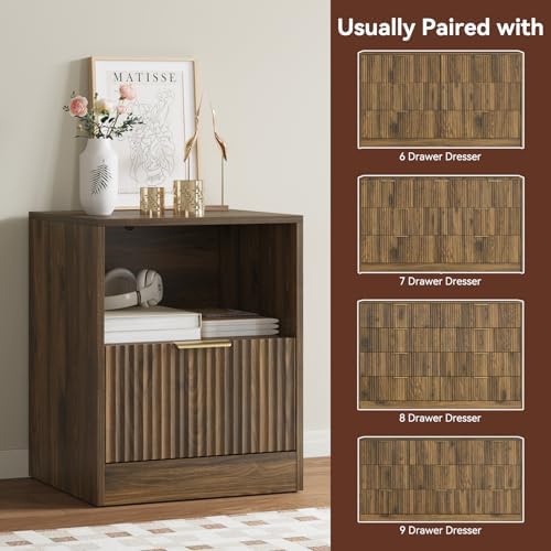 3-Piece 9 Drawer Dresser and 1-Drawer Nightstand Set, Walnut丨63 Wide Fluted Bedroom Dresser Set Night Stand Set of 2, Modern Wood Chest of Drawers Storage Dressers Set for Bedroom - Image 6