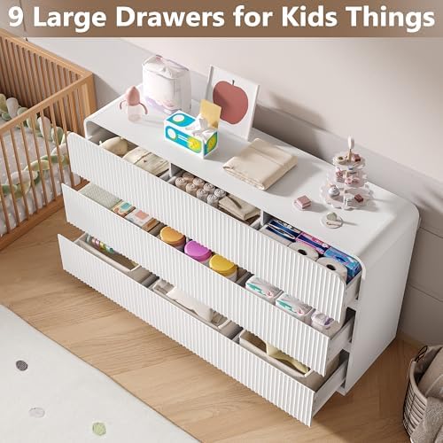 BORNOON Dresser for Bedroom with 9 Drawers, Fluted Chest of Drawers with Round Curved Corner, Hidden Handles, Modern Wood Storage Organizer for Bedroom, Nursery, Living Room - Image 3