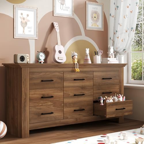 9 Drawer Dresser for Bedroom, Wood Dresser Chests of Drawers with Metal Handle, Triple Wide Dressers, Vintage Design Storage Chest Cabinet and Organizer Drawers for Closet, Hallway, Entryway, Walnut - Image 4