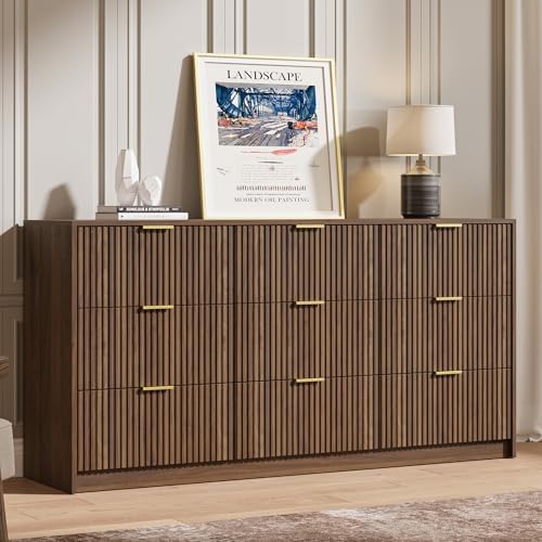 MAISONARIA 9 Drawer Dresser for Bedroom, 63" Wide Modern Fluted Dresser with Gold Metal Handles, Chest of Drawers for Bedroom, Living Room, Entryway, Hallway, Walnut - Image 7