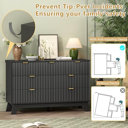 Wodeer 7 Drawer Fluted Dresser for Bedroom, Mid Century Modern Dresser with 7 Drawers, Dressers & Chests of Drawers with Metal Handle, TV Stand & Storage Organizer for Entryway, Hallway, Black - Image 6