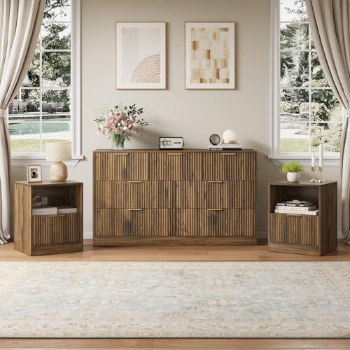 Fluted Dresser & Nightstand Set 3-Piece, 7 Drawer Dressers and Night Stand Set of 2 with Metal Handle, Fluted Mid Century Wood Chest of Drawers Storage Dressers Set for Bedroom, Walnut by NOVAMAISON