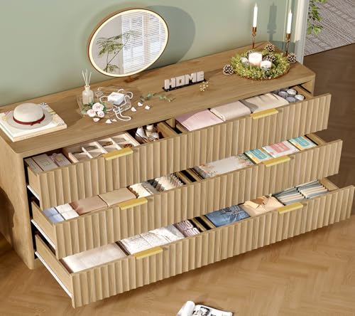 TEENFON 56.3'' Dresser for Bedroom with 6 Drawers, Dressers & Chest of Drawers with Curved Profile Design, 6 Drawer Dresser, Fluted Dressers, Wood Dressers for Bedroom, Living Room, Natural - Image 3
