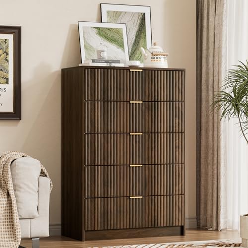 Furniway Walnut Dresser for Bedroom, Tall Dresser with 5 Drawers and Smooth Slides, Modern Chest of Drawers with Golden Handles for Bedroom, Living Room, Closet, 15.7" D x 31.5" W x 47.2" H by Furniway