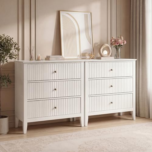 RoyalCraft Large 3 Drawer Dresser Set of 2, Fluted Wood Chest of Drawers with Storage, Modern Painted 30 inch Wide Nightstand for Bedroom Living Room Entryway, White by Bringyoubetterlife