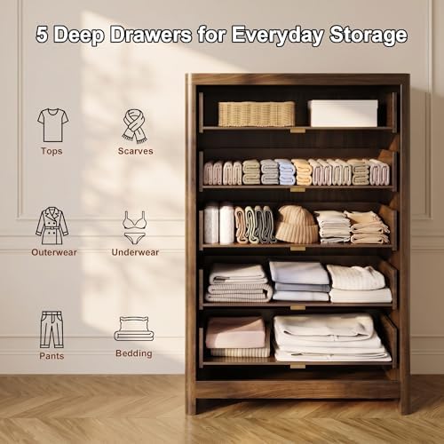 Fluted 47" Tall Dresser for Bedroom with 5 Drawers, Modern Chest of Drawers with Metal Handle & Deep Storage, Wood Closet Clothes Storage Organizer for Living Room & Hallway, Walnut Brown Dresser - Image 3