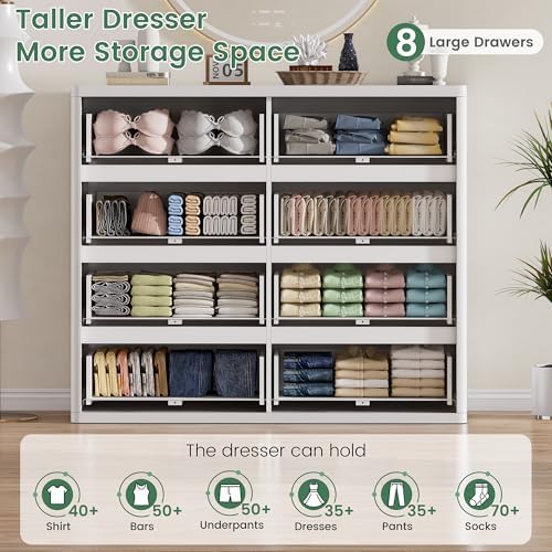 Standifurno White 8 Drawer Dresser for Bedroom, Fluted 48" Wide Wooden Chest of Drawers with Curved Modern Profile Design, Wooden Dresser TV Stand, Wood Closet Clothes Storage Drawer Organizer - Image 3