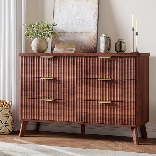 GarveeHome Fluted Dresser for Bedroom with 6 Deep Drawers, Walnut by GarveeHome