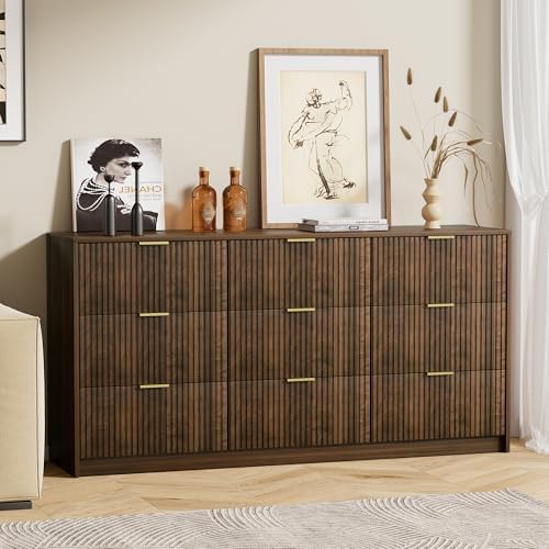 Furniway Walnut Dresser for Bedroom, Modern Dresser with 9 Drawers and Smooth Slides, Wide Chest of Drawers with Golden Handles for Bedroom, Living Room, Closet, 15.7" D x 63" W x 31.5" H - Image 6