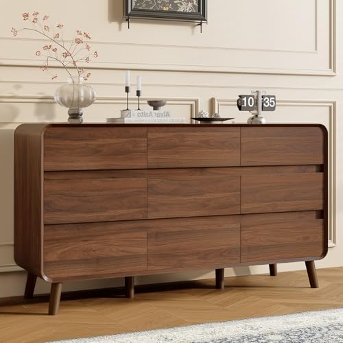 Nasonet 9 Drawer Dresser for Bedroom, 55'' Wide Mid Century Modern Wood Chest of Drawers, Large Storage Drawer Dresser TV Stand, Walnut by Nasonet
