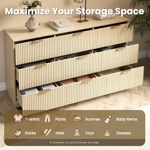 MALOL Fluted 9 Drawer Dresser for Bedroom, 59" Wide Wood Chest of Drawers with Metal Handle, Long Dresser Storage Organizer TV Stand for Closet, Living Room, Hallway, Natural Wood - Image 4