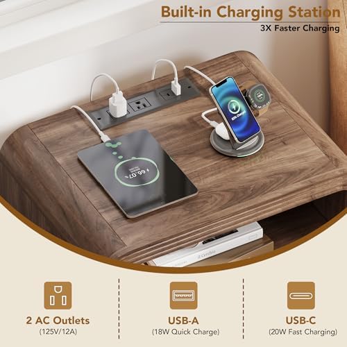 Decofy Fluted 2-Drawer Nightstand with Charging Station, Walnut - Image 5