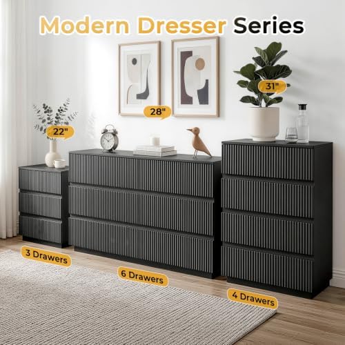 Karl home Black 3 Drawer Fluted Nightstand, Modern Storage Chest of Drawers - Image 7