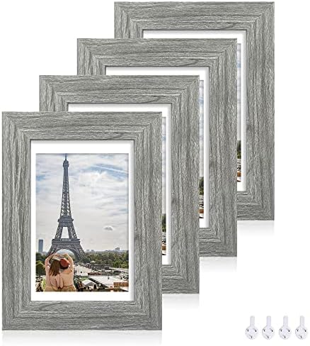 Hongkee 5x7 Picture Frame Set of 4, Made of Real Glass and Grey Wooden Frame, 5 by 7 Photo for Wall or Tabletop - Display Picture 4x6 with Mat or 5x7 Without Mat by Hongkee