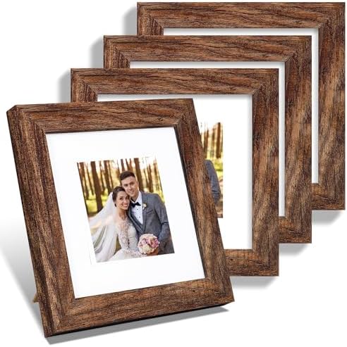 Hongkee 6x6 Picture Frame Set of 4, Made of Glass and Rustic Brown Wooden Frame - Display Picture 4x4 with Mat or 6 x 6 Without Mat, 6x6 Photo for Wall or Tabletop by Hongkee