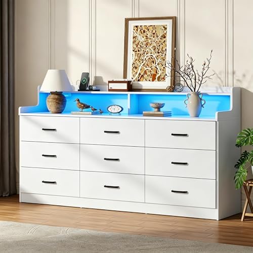 Bigbiglife 9 Drawer Dresser with Built in Power Outlet and LED Light, Modern Chest of Drawers for Bedroom, Triple Wide Drawer Organizer Cabinet for Living Room, Entryway, Hallway, Antique White - Image 3