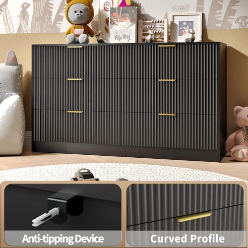 Black Dresser with 6 Drawer 55" Wide Fluted Dresser for Bedroom丨Modern Chest of Drawer with Metal Handles, Wood TV Stand for Bedroom, Living Room, Entryway, Hallway, Black - Image 4