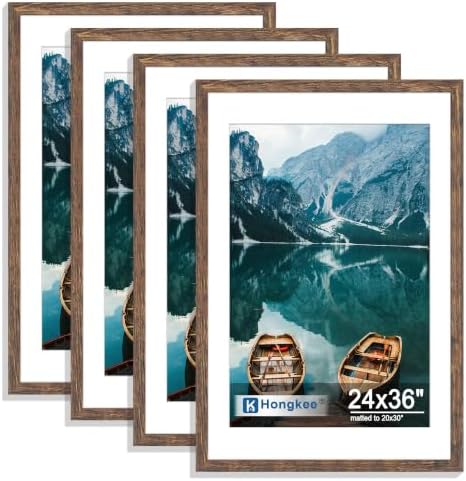 Hongkee 24x36 Poster Frame Set of 4, 24 x 36 Rustic Brown Wood (Mat 20x30) by Hongkee