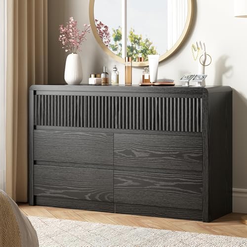 LYNSOM Black Fluted 7 Drawer Dresser for Bedroom, Curved Edge, 50" Wide by LYNSOM