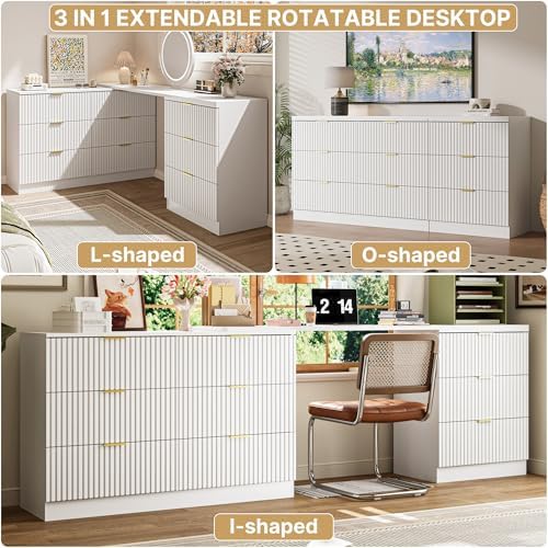 MAISONARIA L-Shaped Rotatable 9 Drawer Dresser for Bedroom, 71" Wide Deformable White Dresser with Gold Metal Handles, Modern Fluted Chest of Drawers for Bedroom, Living Room, Entryway, Hallway - Image 4