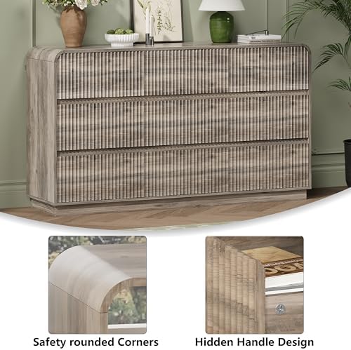 Wodeer Grey Dresser Fluted 9 Drawers Dresser for Bedroom, 59" Wide Wood Chest of Drawers with Hidden Handles & Rounded Corners, Modern TV Stand Storage Cabinet for Living Room, Hallway, Entryway, Gray - Image 5