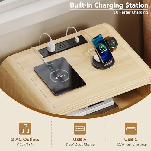 Decofy Fluted 2-Drawer Nightstand Set of 2 with Charging Station, Oak - Image 6