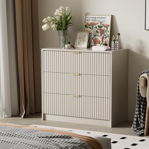 Furniway Beige Dresser for Bedroom, Modern Dresser with 3 Drawers and Smooth Slides, Wide Chest of Drawers with Golden Handles for Bedroom, Living Room, Closet, 15.7" D x 31.5" W x 29.6" H - Image 5