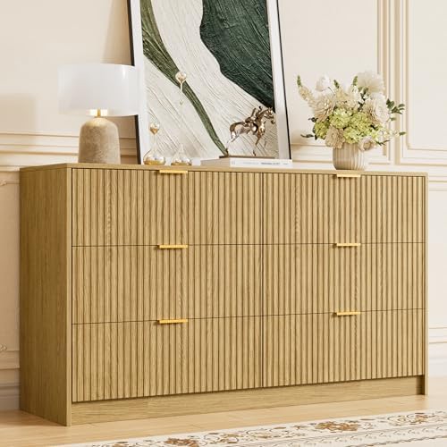 Furniway Mid Century Modern Dresser for Bedroom, 6 Drawer Wood Dresser with Fluted Front, 55.1" Wide Chest of Drawers for Living Room, Hallway, Natural Oak - Image 7