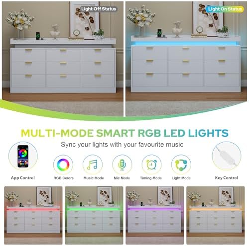 knoworld 9 Drawer Dresser for Bedroom, White Dresser with LED Lights and Power Outlet, Large Wooden Dressers Modern Chest of Drawers, Triple Wide 9 Drawer Dressers for Bedroom, Entryway, Hallway - Image 5