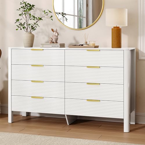 Fluted 8 Drawer Dresser, 47" High Gloss Dresser for Bedroom, White by UANRBOA