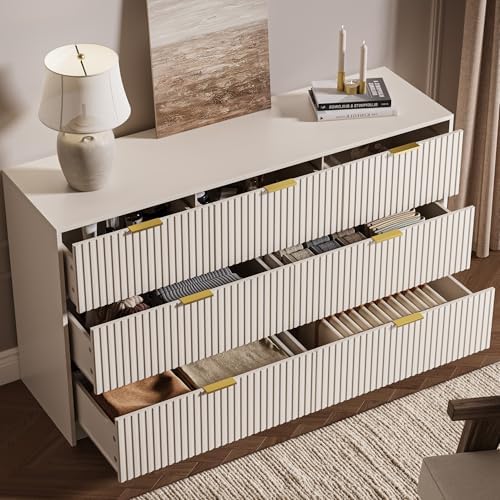MAISONARIA Beige 7 Drawer Dresser for Bedroom, 55.9" Wide Modern Fluted Dresser with Gold Metal Handles, Wide Chest of Drawers for Bedroom, Living Room, Entryway, Hallway - Image 4