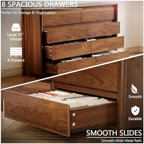 HOUROM Walnut Dresser for Bedroom,55"Wide 8 Drawer Mid Century Modern Chest - Image 4