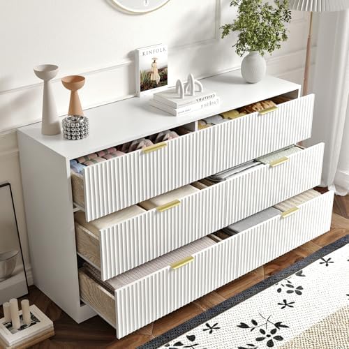 6 Drawers Fluted Dresser for Bedroom, 55" Wide Wooden Dresser with Deep Drawers, Large Floor Chest of Drawers, Modern Long TV Stand, Storage Cabinet Side Table, White - Image 6