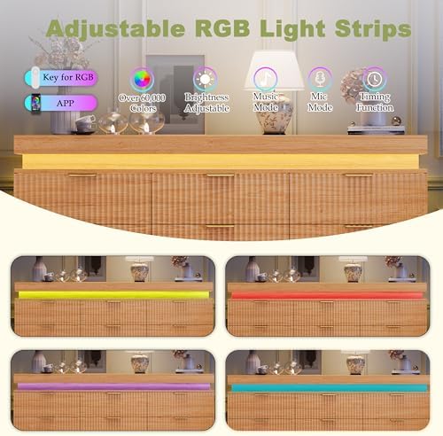 Fluted 9 Drawer Dresser LED Lights & Charging Station, Natural Oak - Image 6