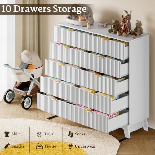 BORNOON 46" Tall Dresser for Bedroom, 10-Drawer Fluted Chest of Drawers, Modern Wood Highboy with Metal Slides and Handles, Anti-Tip Kit, Vertical Clothes Storage Organizer for Apartment, Closet - Image 5