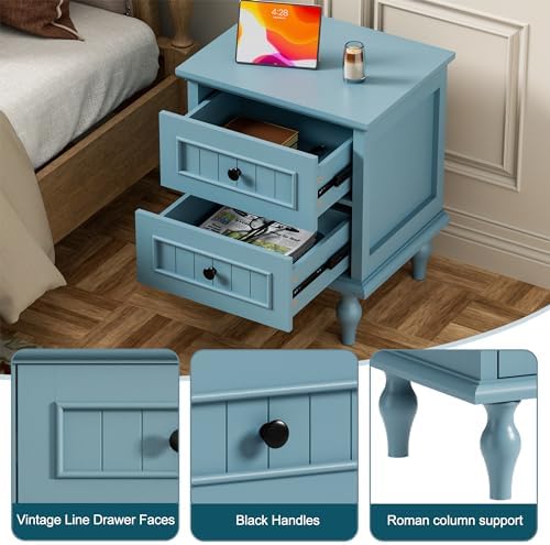 Blue Nightstand Set of 2, Vintage Bedside Tables with Drawers for Bedroom - Image 7