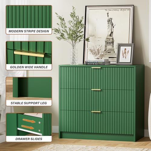 Furniway Green Dresser for Bedroom, Modern Dresser with 3 Drawers and Smooth Slides, Wide Chest of Drawers with Golden Handles for Bedroom, Living Room, Closet, 15.7" D x 31.5" W x 29.6" H - Image 3