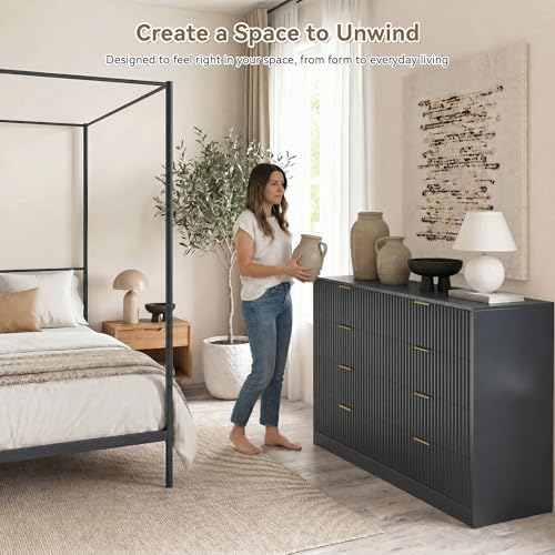 Navy Blue 8 Drawer Dresser for Bedroom, 55" Wide Fluted Chest of Drawers with Gold Metal Handles, Modern Wooden Dresser, Closet Storage Organizer Mid Century TV Stand for Living Room Hallway - Image 4