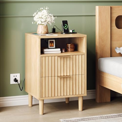 VINGLI Fluted Nightstand with Charging Station, Wood Nightstand with 2 Drawers Night Stand for Bedroom, Fluted Bedside Table/End Table/Side Table with Pine Wood Legs, Oak, 15.75" W*15.55" D*23.62" H by VINGLI