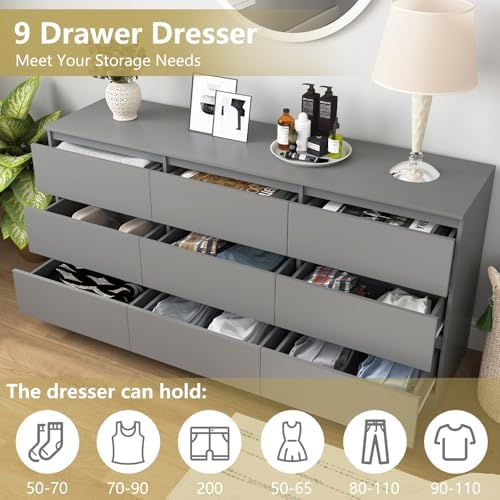 VERYKE Grey 9 Drawer Dresser for Bedroom,Chest of Drawers with No-Handle Design for Closet,Modern Wood Dresser Bedroom Storage Furniture - Image 4