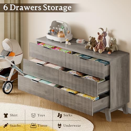 BORNOON 53" Long Dresser for Bedroom, 6-Drawer Dresser with Fluted Fronts, Wide Wood Chest of Drawers, Smooth Metal Slides, Stable Base, Modern Clothes Storage Cabinet for Living Room, Hallway - Image 6