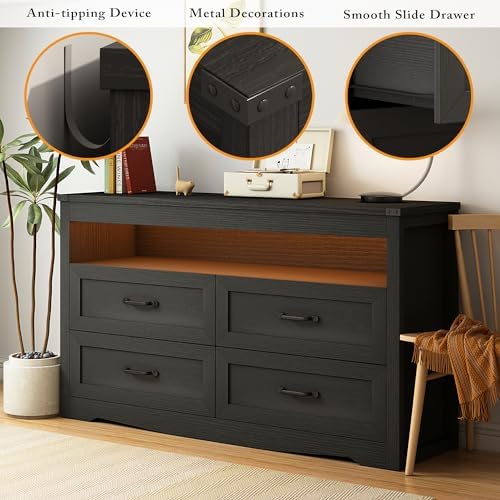 Wodeer Black Dresser for Bedroom, Wood 4 Drawer Dresser with LED Light, Dressers & Chests of Drawers with Metal Handles, Storage and Organization for Bedroom, Hallway, Entryway - Image 6