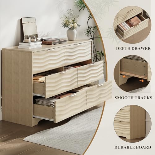 MALOL Coastline Fluted 6 Drawers Dresser for Bedroom, 48" Wide Modern Chest of TV Stand Organizers with Metal Handle, Storage Wooden Dresser Drawer for Living Room, Hallway, Closet, Natural Wood - Image 5