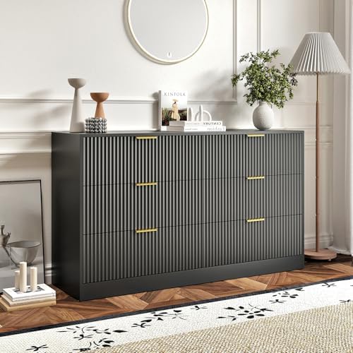 6 Drawers Fluted Dresser for Bedroom, 55" Wide Wooden Dresser with Deep Drawers, Large Floor Chest of Drawers, Modern Long TV Stand, Storage Cabinet Side Table, Black by Provideyouwithbestproduct%EF%BC%81