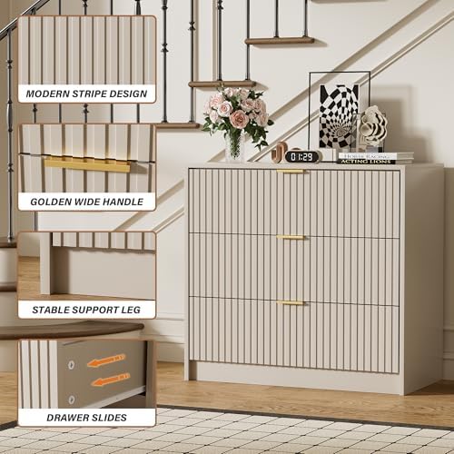 Furniway Beige Dresser for Bedroom, Modern Dresser with 3 Drawers and Smooth Slides, Wide Chest of Drawers with Golden Handles for Bedroom, Living Room, Closet, 15.7" D x 31.5" W x 29.6" H - Image 3