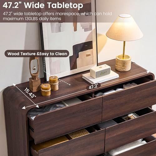 Standifurno Walnut 6 Drawer Dresser, Curved Chest of Drawers for Bedroom, 47 Inch Wide Dresser with Deep Drawers for Clothes, Modern Drawer Closet for Bedroom, Living Rooms, Offices, Entryways - Image 5