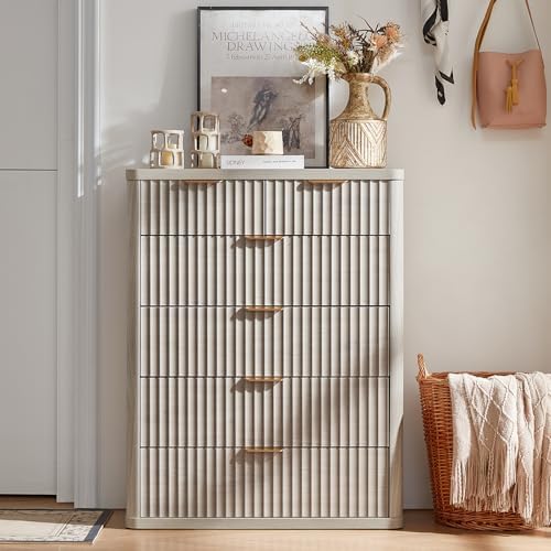 LEYAOYAO Fluted 6 Drawers Dresser for Bedroom, 42" Tall Modern Chest of Drawers with Metal Handle, Curved Profile Design,Light Grey Wood Drawer Organizer for Bedroom, Living Room, Hallway, Entryway - Image 2