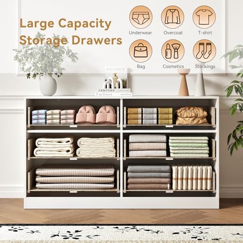 6 Drawers Fluted Dresser for Bedroom, 55" Wide Wooden Dresser with Deep Drawers, Large Floor Chest of Drawers, Modern Long TV Stand, Storage Cabinet Side Table, White - Image 4